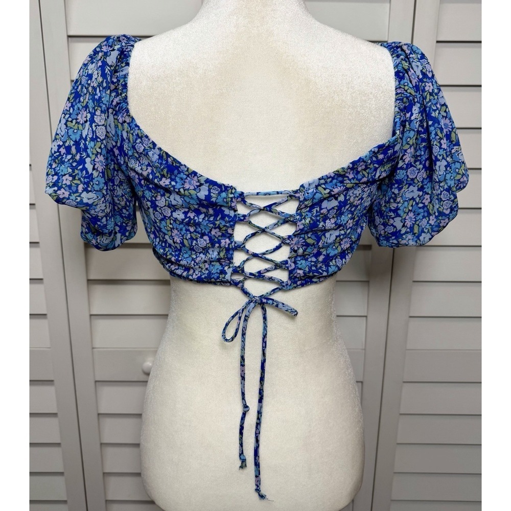 Wild Fable Floral Puff Sleeve Tie Back Crop Top Cottagecore Women's Size Medium - Picture 10 of 10